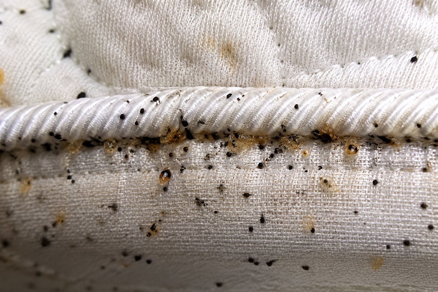 Traces de punaises de lit sur une couture de matelas : déjections noires et mues