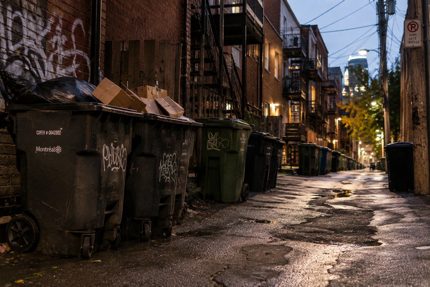 Ruelle montréalaise avec conteneurs à déchets, habitat typique des rats en ville