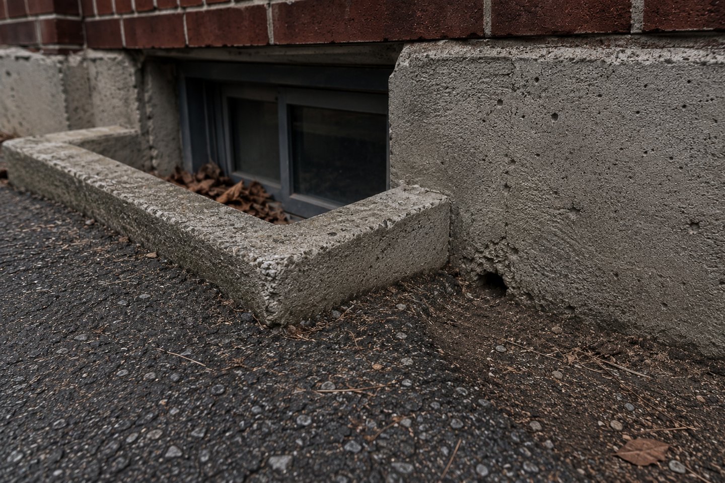 Margelle de fenêtre de cave non grillagée, point d'entrée fréquent des rats